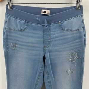 SO Jeggings Womens 18 Blue Denim Elastic Waistband Modern Rhinestone Embellished